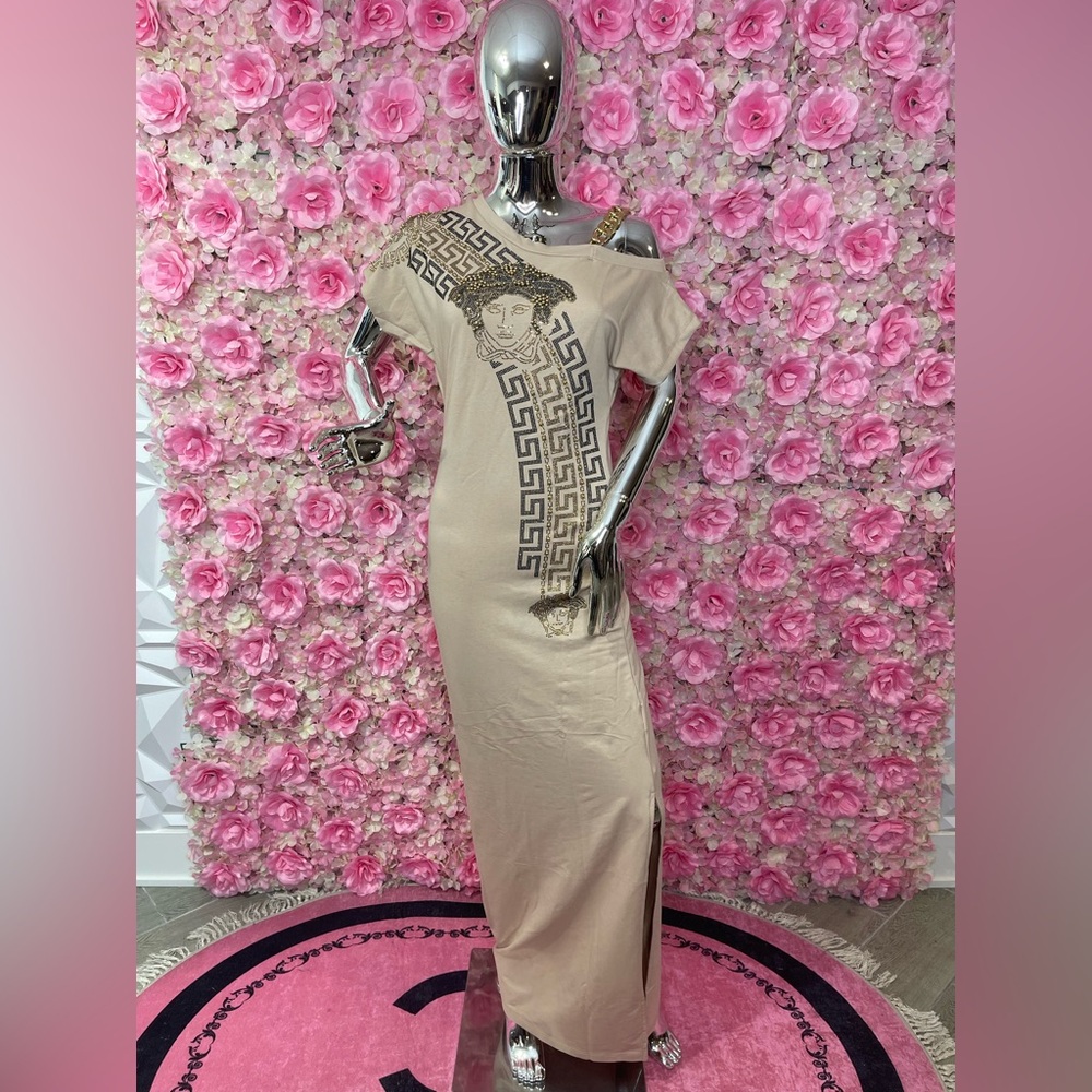 Chic Beige Maxi Dress with Artistic Print
